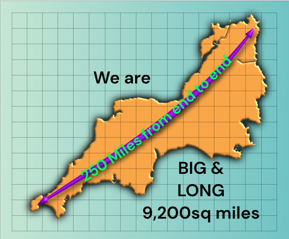 an image of the southwest of England 250 miles and 9,200 square miles.