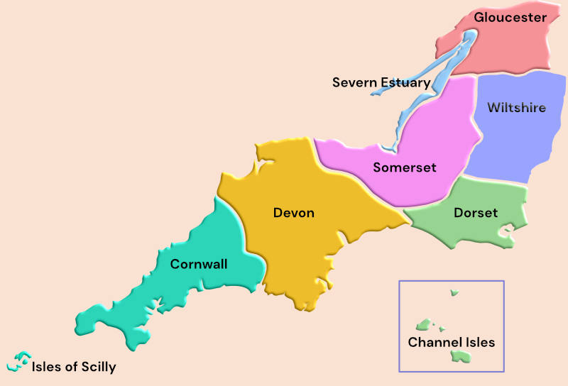A map showing the different areas in the Southwest Region of the u3a. Isles of Scilly, Cornwall, Devon, Channel Isles, Dorset Somerset, Severn Estuary, Wiltshire and Gloucestershire