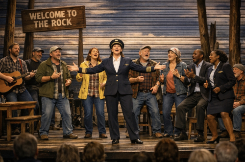 Actors on stage performing the musical Come from Away ag the Kay Theatre in St Austell.
